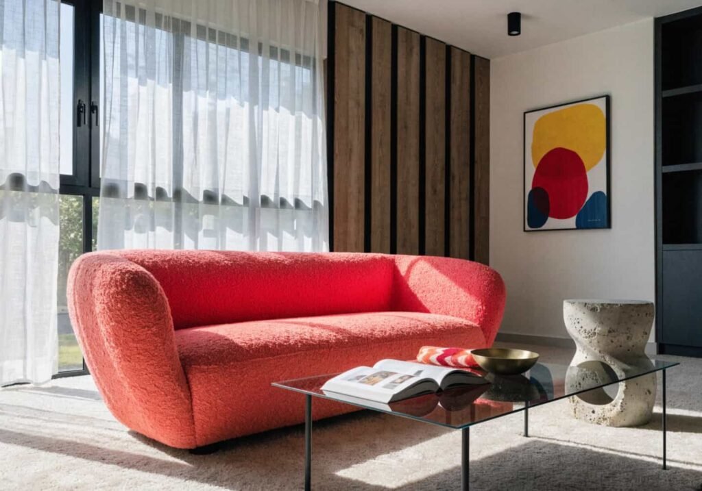A modern living room with a pink sofa, black metal-legged coffee table, and a raw concrete side table.