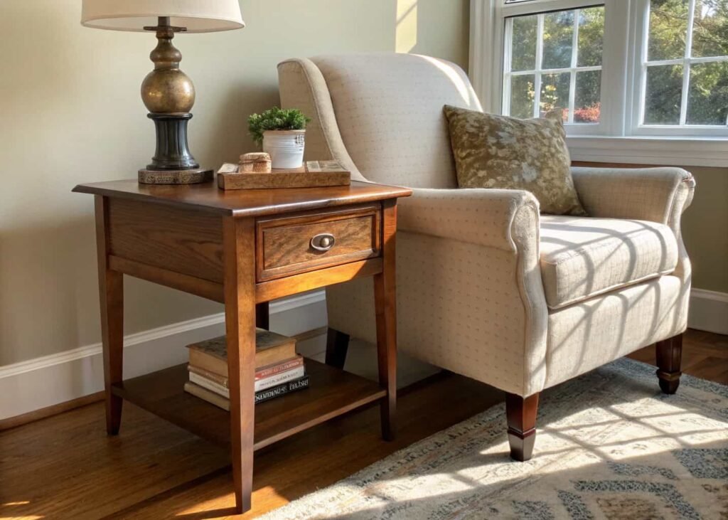 Refinished thrifted wooden side table and vintage accent chair in living room