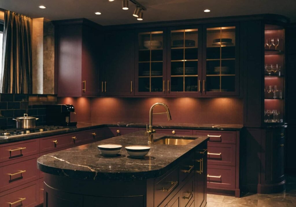 Plum and burgundy kitchen cabinets with gold hardware