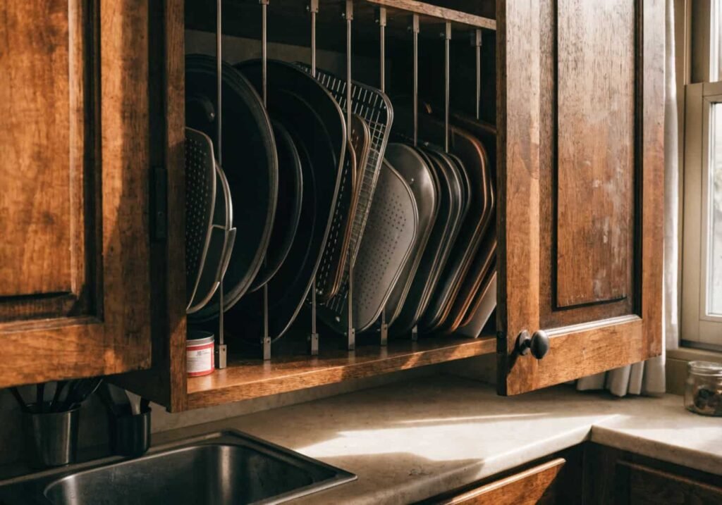Tension rods inside a cabinet holding baking sheets vertically