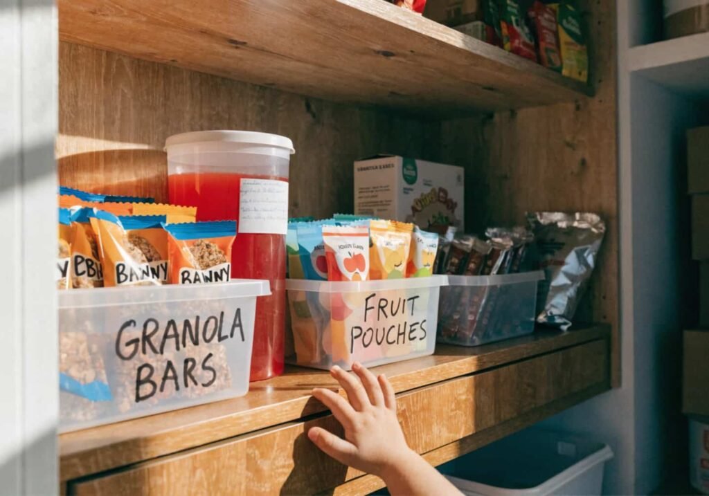 Kid-friendly snack zone as part of family-focused kitchen pantry organization hacks
