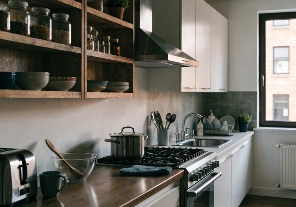 Kitchen layout combining open shelving and closed cabinets.