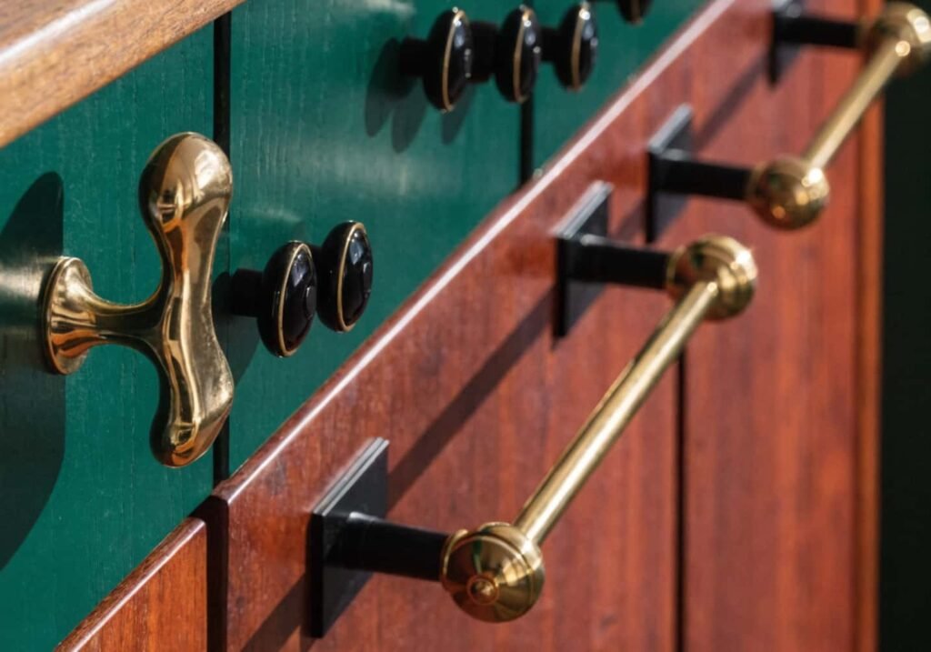 Mixed brass and black hardware on colorful kitchen cabinets
