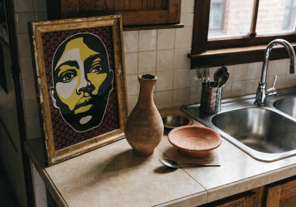 Budget-friendly Afrohemian decor pieces styled together on a kitchen counter