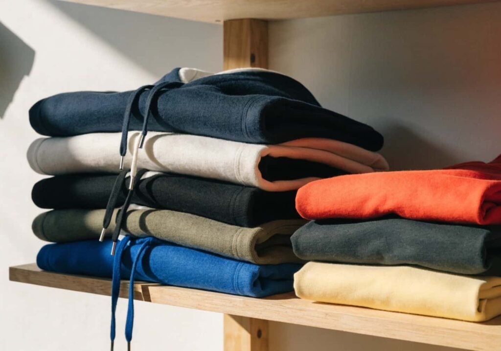 American Apparel style hoodies and leggings folded on a retail shelf"]