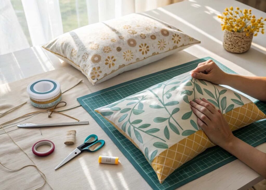 DIY no-sew throw pillow cover project with fabric and craft tools
