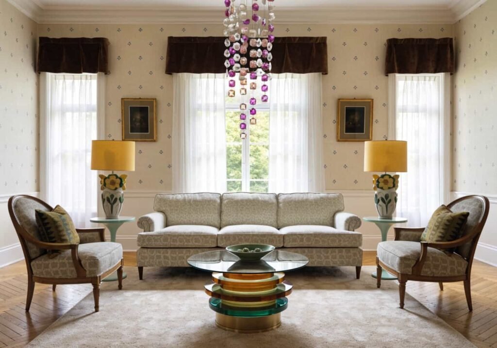 Symmetrical living room layout with sofa centered between matching furniture pieces