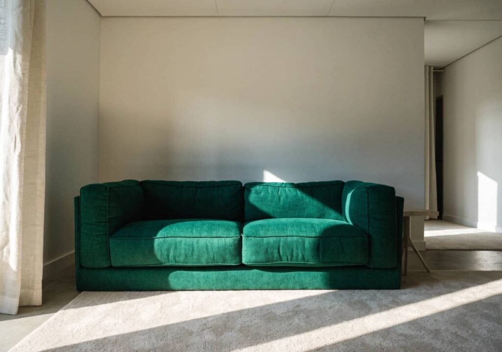 Emerald green fabric couch standing out in a neutral living room