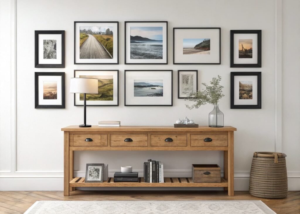 Gallery wall with mixed black and wood frames arranged above a console table.