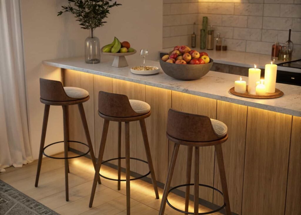 Styled bar counter with stools in an open kitchen layout