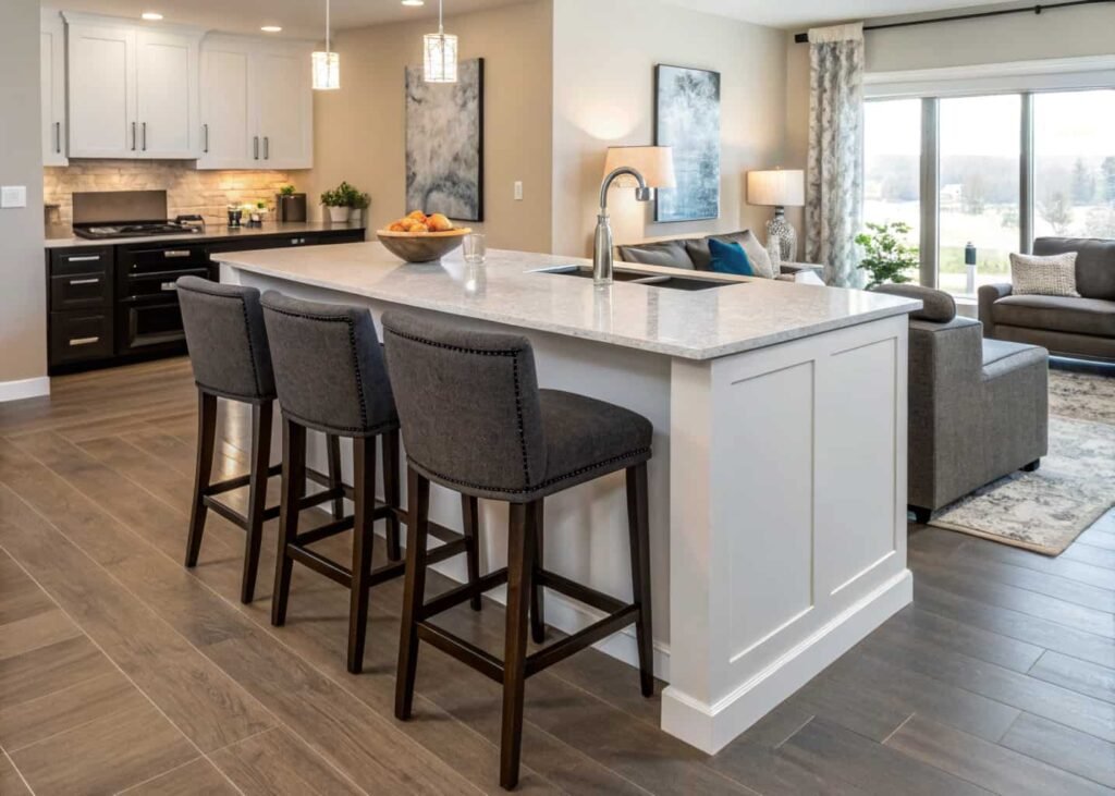 Kitchen island with stool seating acting as a room divider between kitchen and living room.