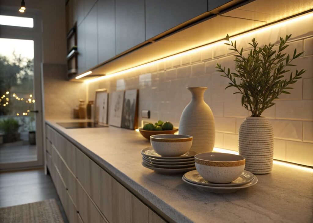 Warm under-cabinet lighting over styled countertop decor at dusk