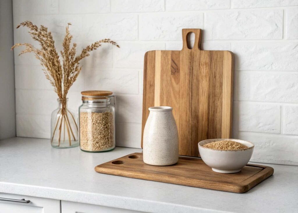 Minimalist kitchen counter styled with ceramic vase and cutting board