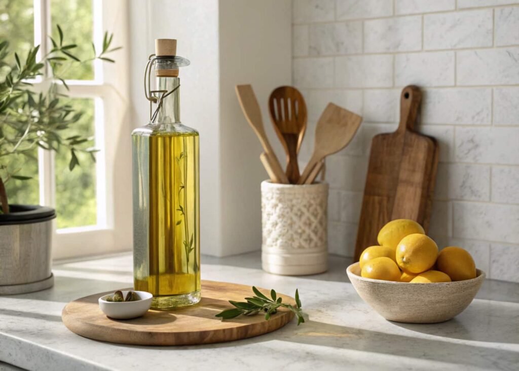 Countertop styled with olive oil bottle, wooden utensils, and lemons in varying heights
