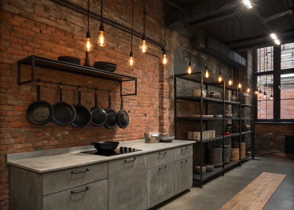Industrial kitchen shelf with cast iron pans, exposed brick, and Edison bulb lighting