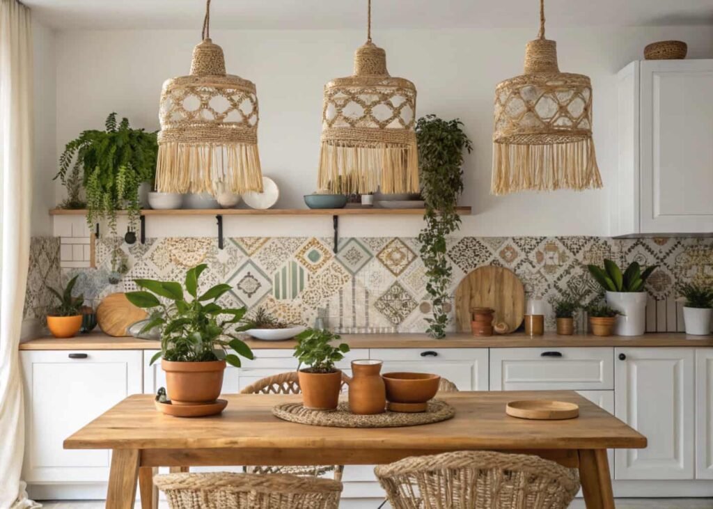 Boho kitchen with rattan pendants and terracotta accents