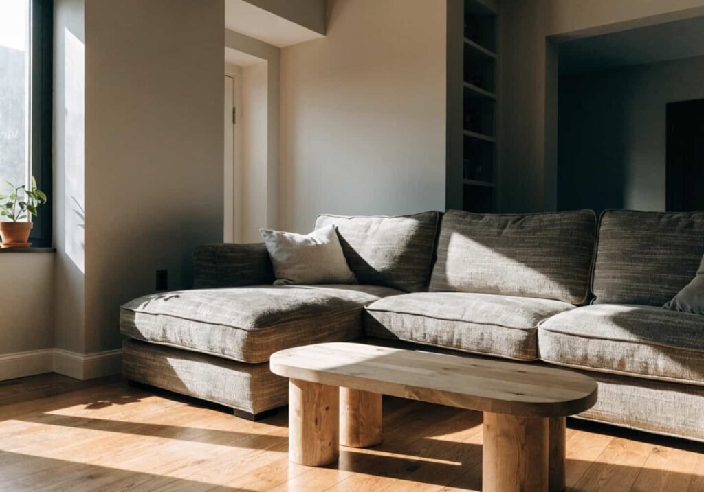 L-shaped sectional sofa fitted into a living room corner with natural light