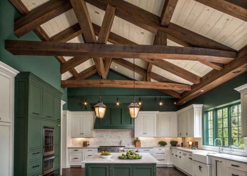 Painted statement ceiling beams above a kitchen island, a 2026 overhead decor trend
