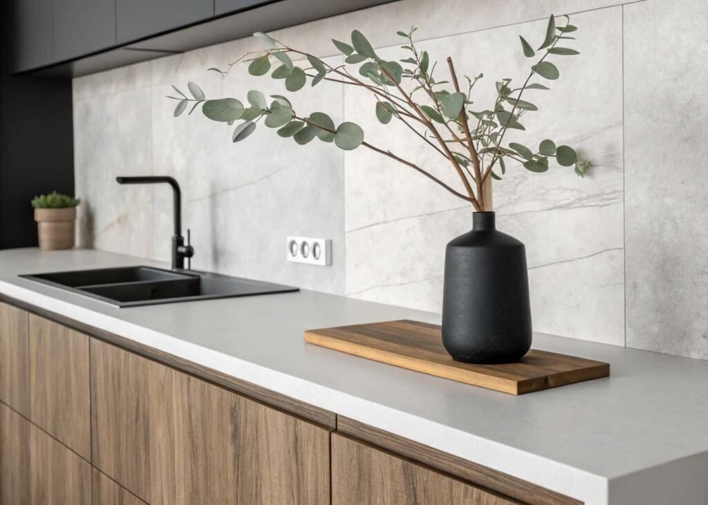 Minimalist kitchen styling with black vase, eucalyptus branch, and matte finishes