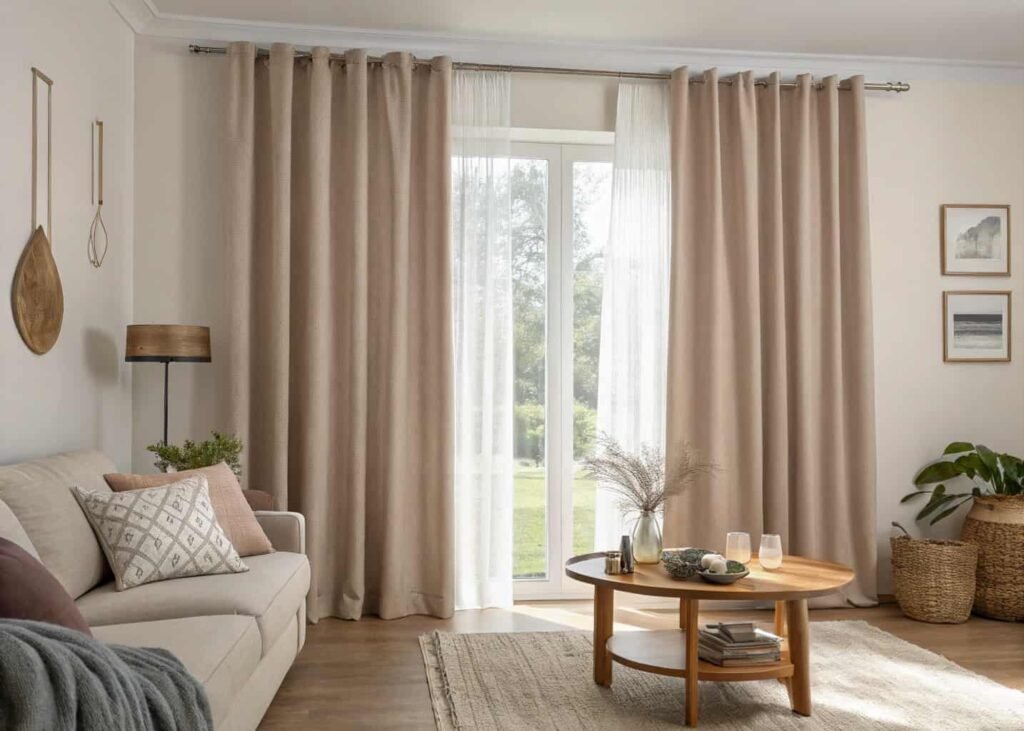 Living room with bold patterned curtains as the focal point