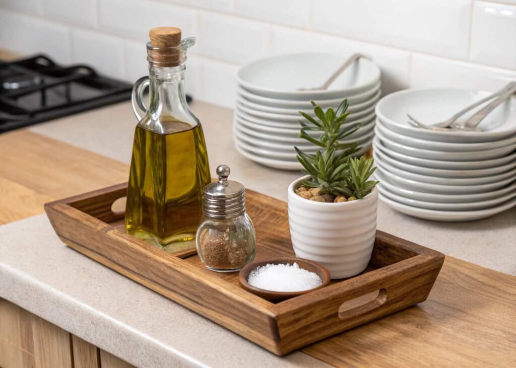 Budget-friendly countertop decor tray styled with oils and a small plant in a rental kitchen.