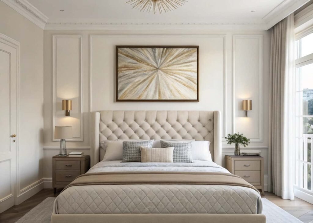 Large statement art piece above bedroom headboard