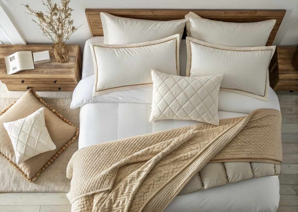 Layered bedding with knit throw and stacked pillows in a cream aesthetic bedroom