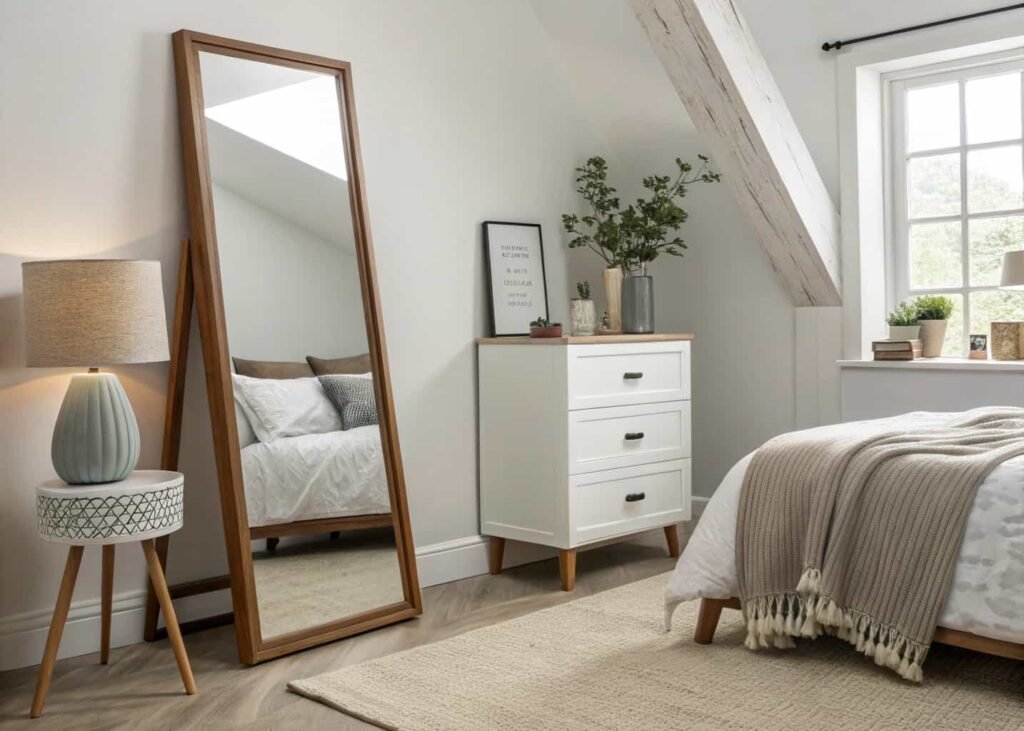 Bedroom furniture arranged with balanced scale and proportion