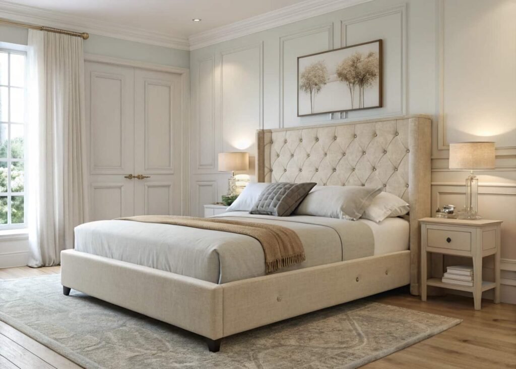 Neutral upholstered bed frame in beginner-friendly bedroom setup