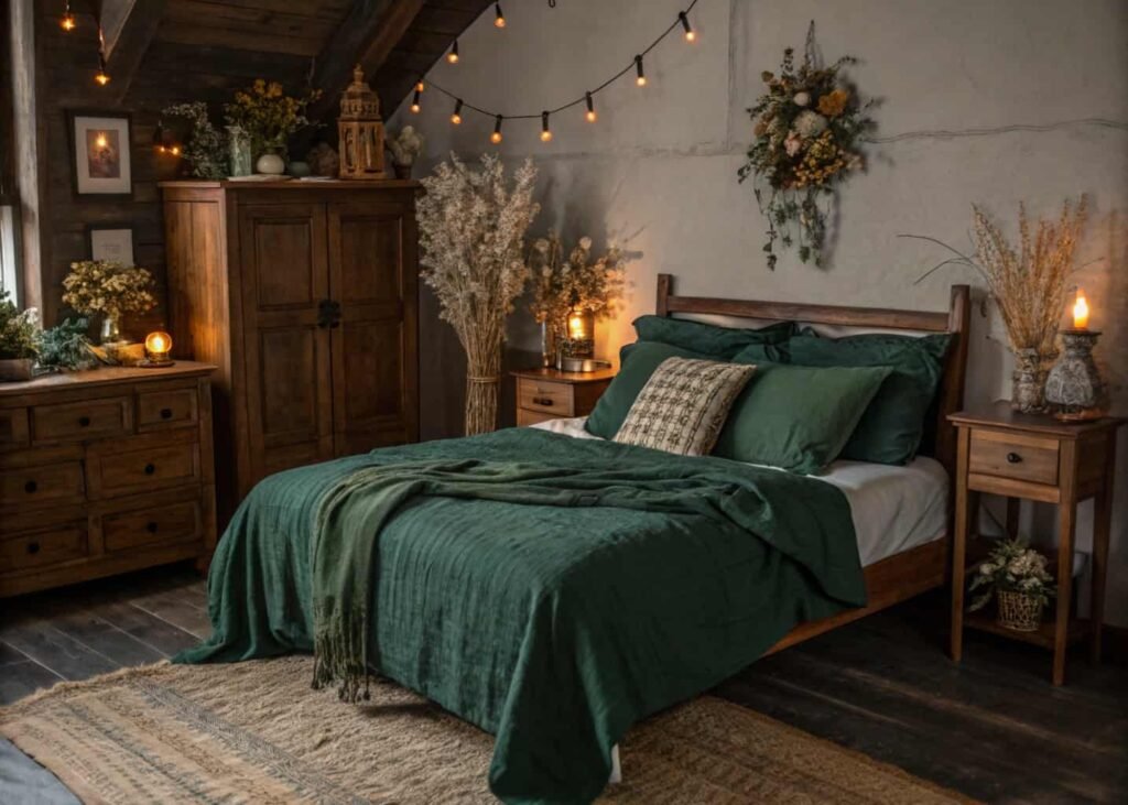dark cottagecore bedroom elements with moody florals and vintage decor