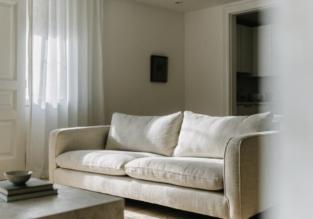 Light-colored sofa helping a small living room feel more open and airy.