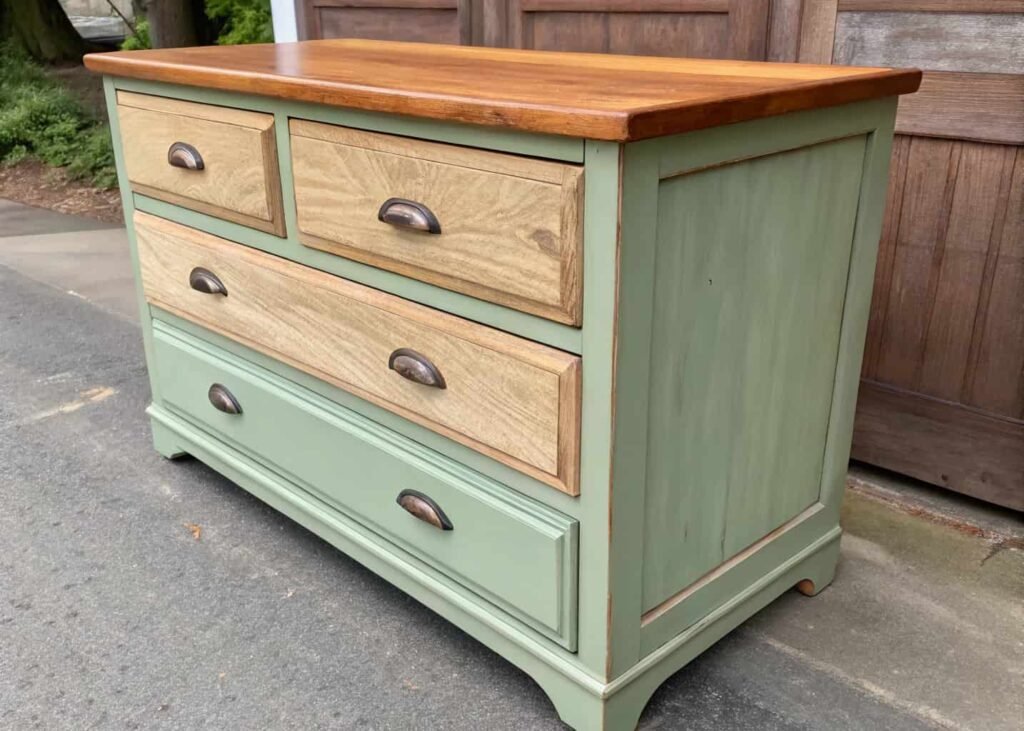 Dresser furniture flip showing before and after paint colors side by side