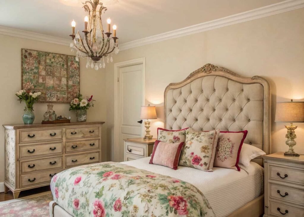 Romantic French country bedroom with tufted headboard and vintage chandelier