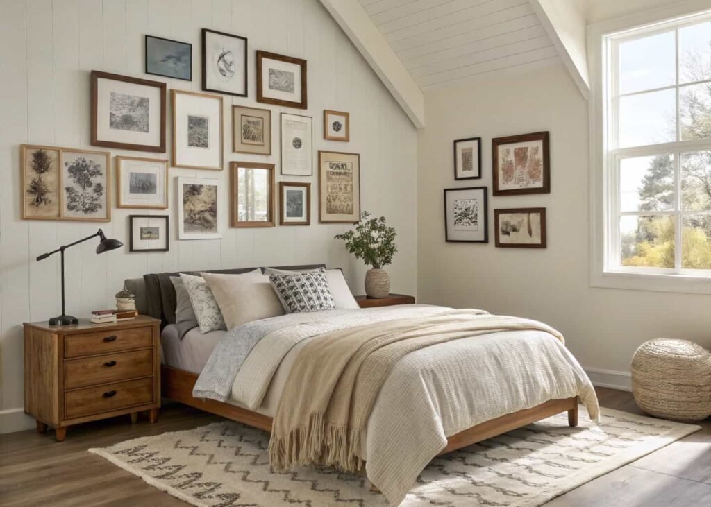Gallery wall of mixed frames arranged above a bedroom headboard