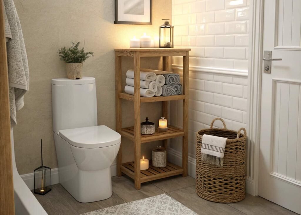 Slim wooden shelf over a toilet holding rolled towels and a small basket
