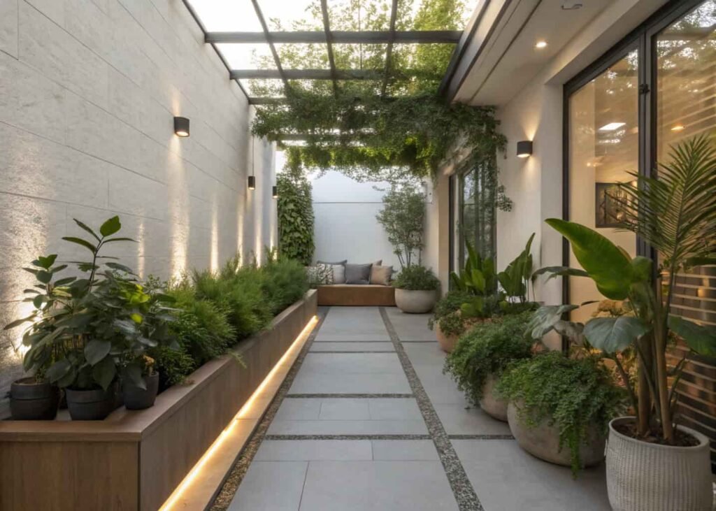 Terrace garden layout with planters along the edges and open center