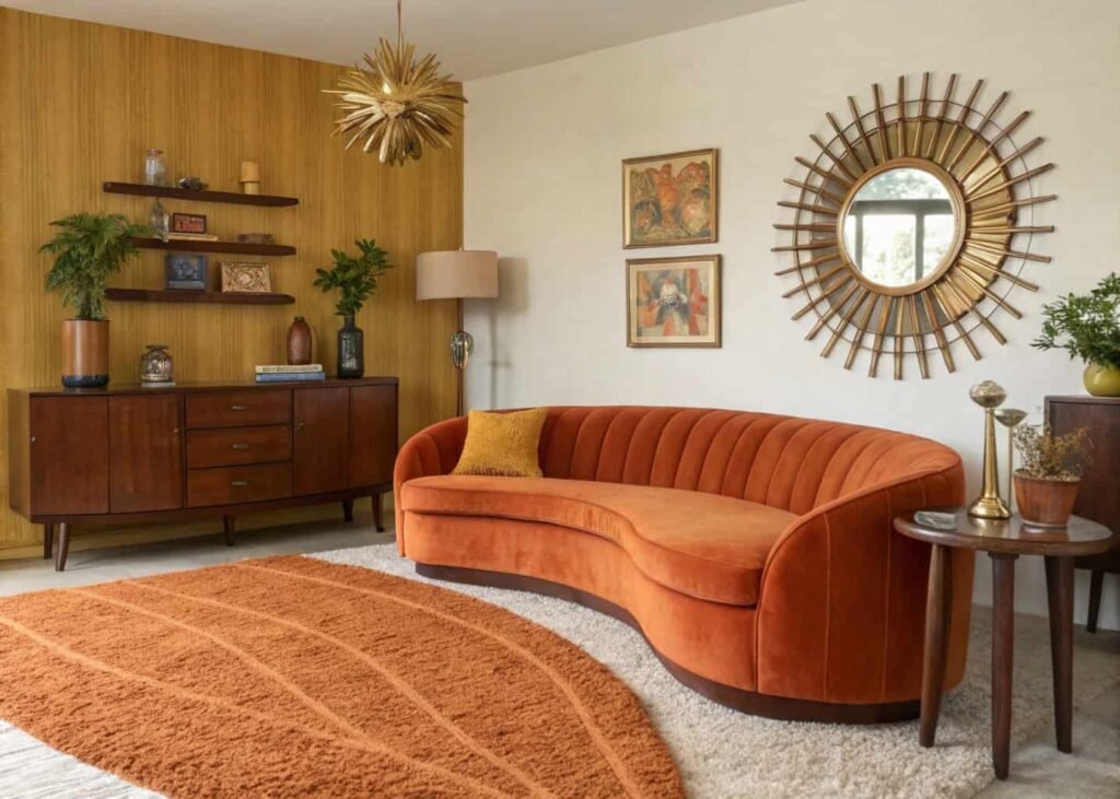 A retro 70s living room with a burnt orange curved sofa, a sunburst mirror above a walnut credenza, and a shag rug in warm olive tones.