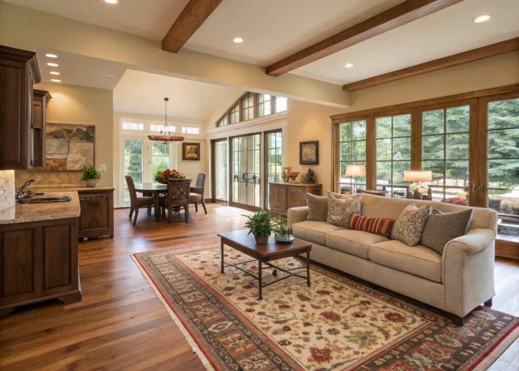 Spacious open-plan living room with rug-defined zoning.