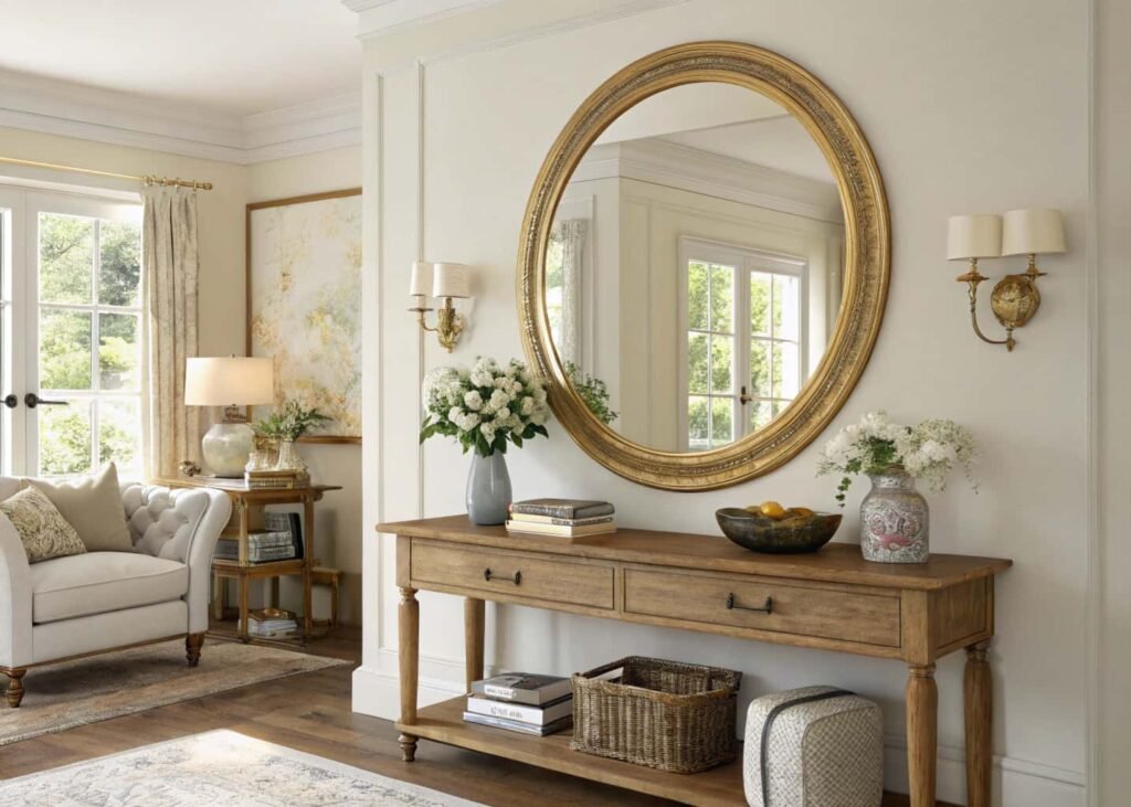 large round gold-framed mirror hung above a wooden console table in a sunlit living room