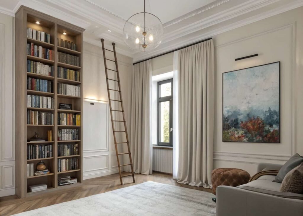 High-ceiling living room with floor-to-ceiling curtains and tall bookshelf balancing vertical space.