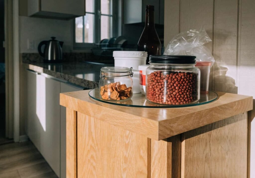 Lazy susan organizing jars in a kitchen corner cabinet
