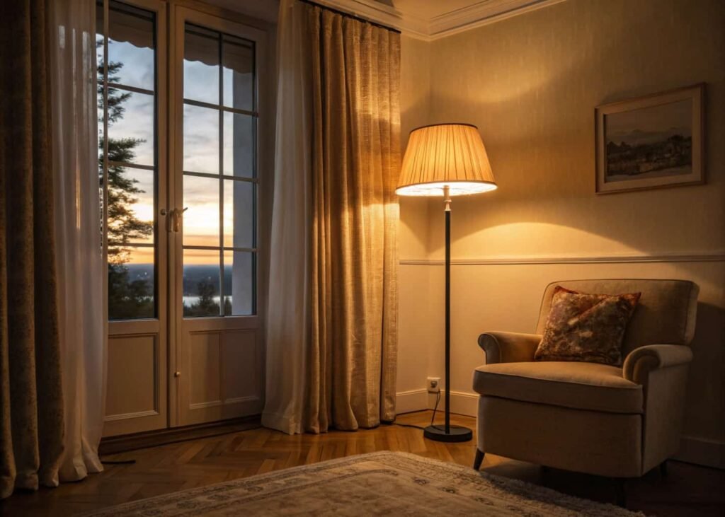 Living room with warm floor lamp lighting and floor-length curtains