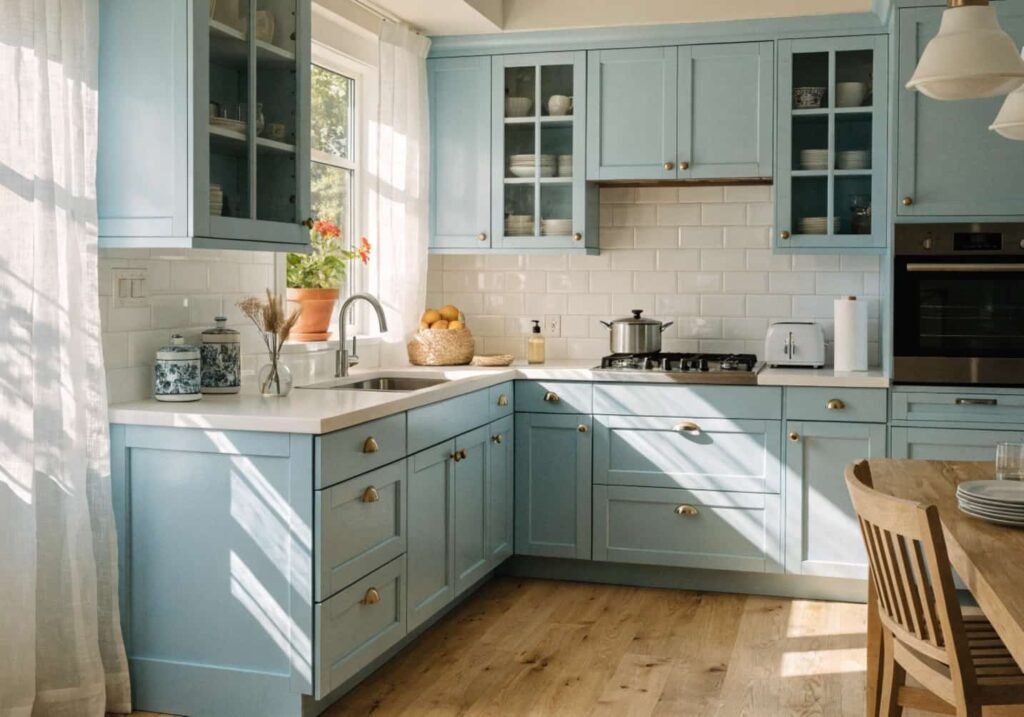 Pastel blue kitchen cabinets with white subway tile backsplash