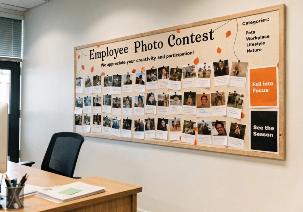 Professional office Halloween bulletin board featuring a staff costume photo contest.