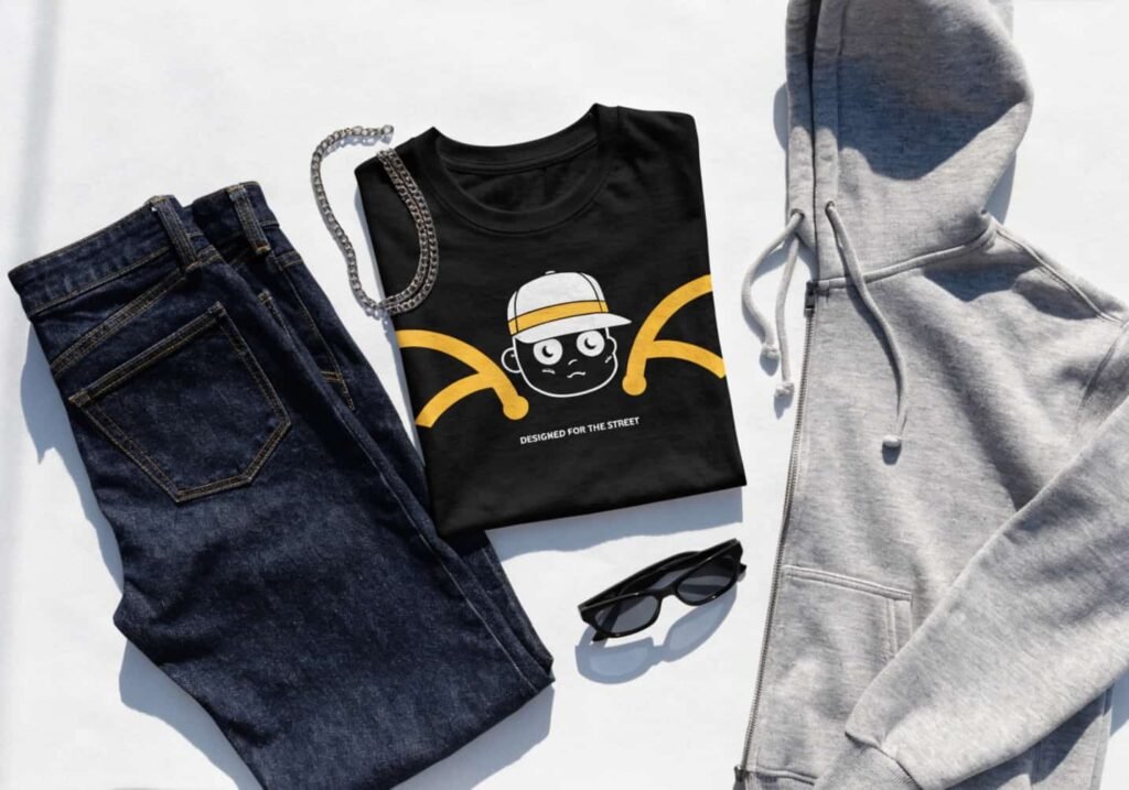 "Casual outfit flat lay featuring a fitted basic tee, denim, and zip hoodie"]