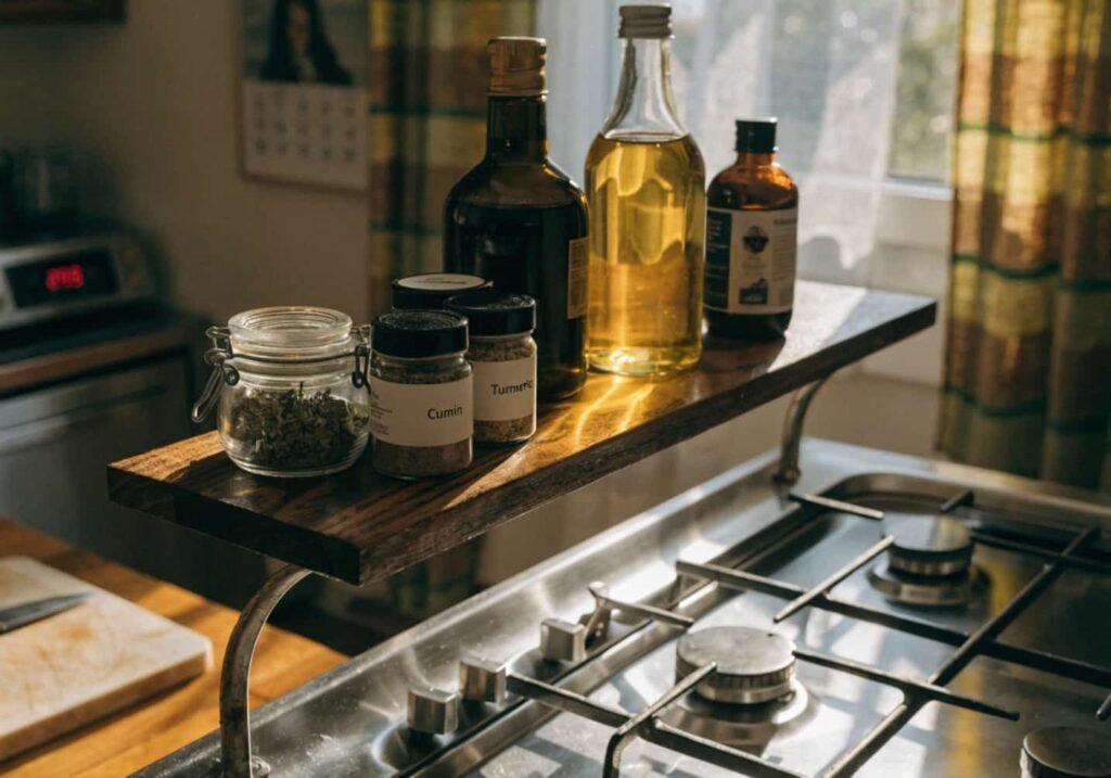 Shelf above the stove holding spice jars and cooking oils