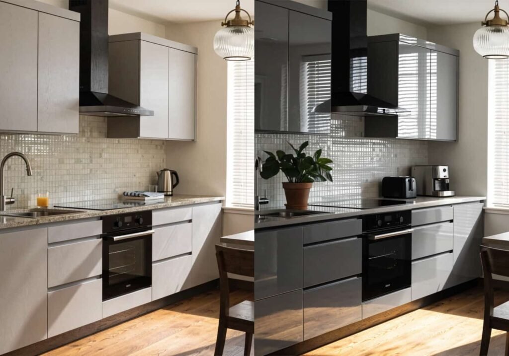 Comparison of matte and glossy finish kitchen cabinets