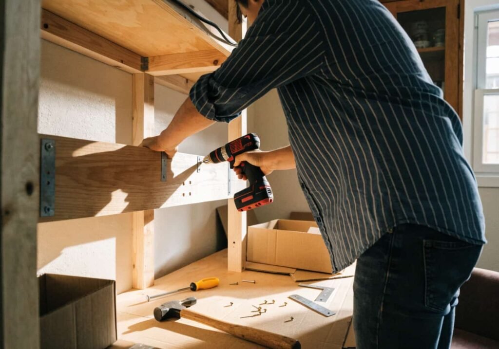 DIY open shelving installation project for a budget-friendly kitchen upgrade.