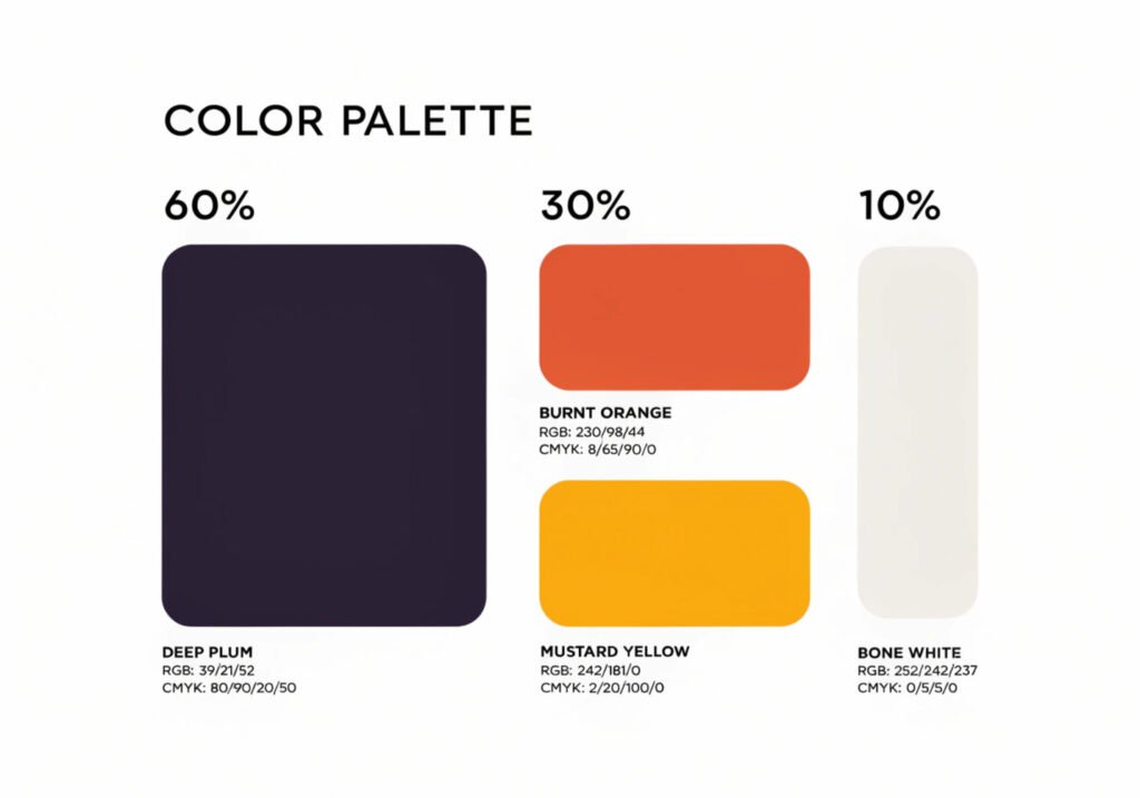 Suggested Halloween color palette swatches in plum, burnt orange, and mustard yellow.