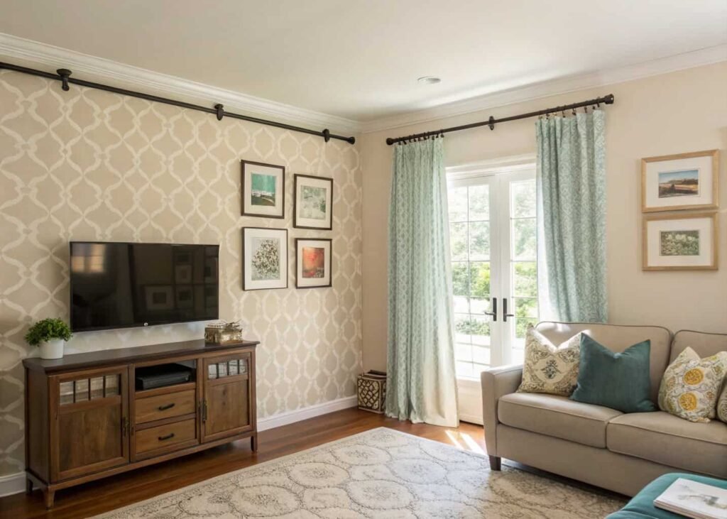 Renter-friendly living room with removable wallpaper and command strip decor